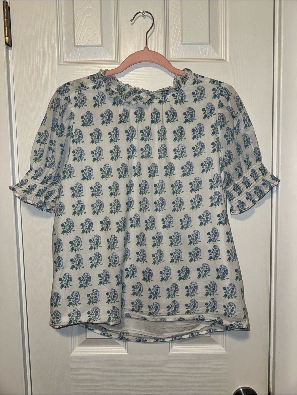 J. Crew White Blouse with Blue Floral Print and Ruffle Neck - Picture 2 of 8